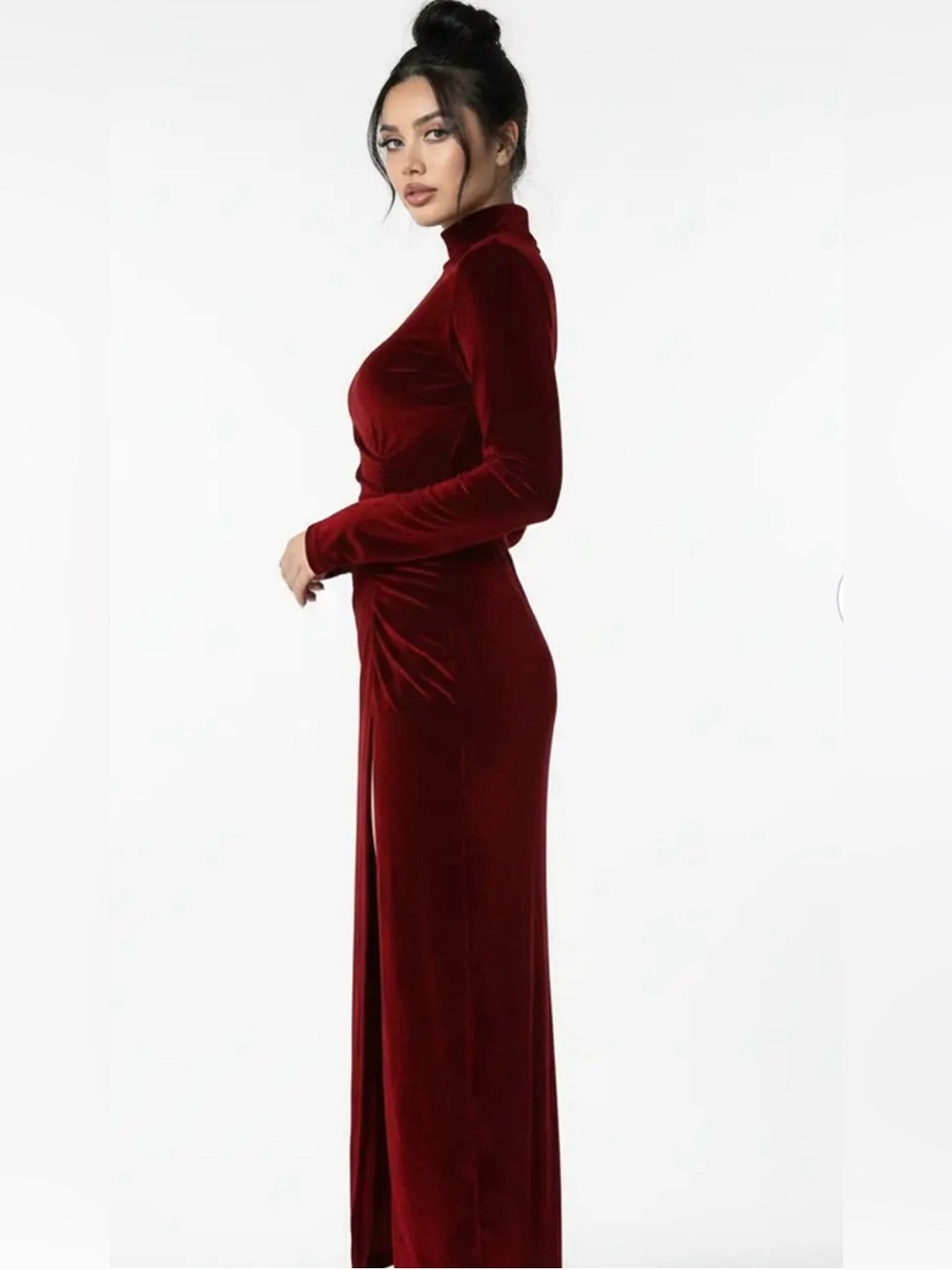 Wine Red Velour High Neck Side Slit Long Dress - Picture 2 of 7